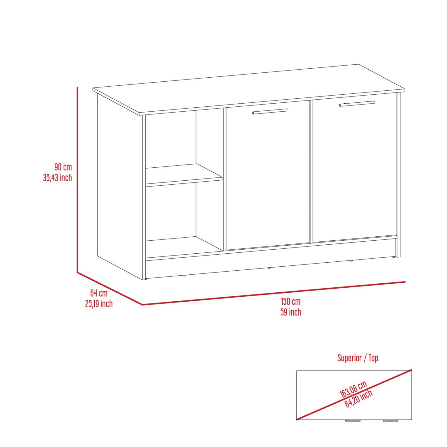 White Kitchen Island with Storage - 25.19 x 59 x 35.43", Durable Engineered Wood