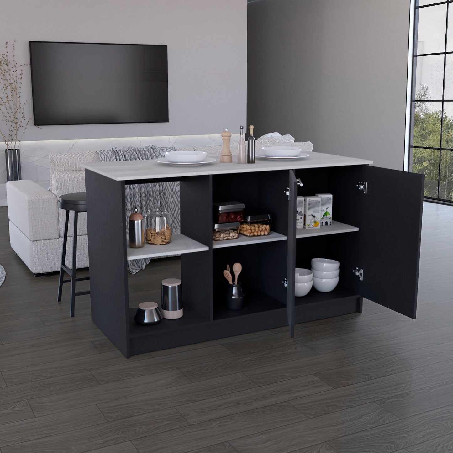 Black Engineered Wood Kitchen Island with Double Cabinet Storage