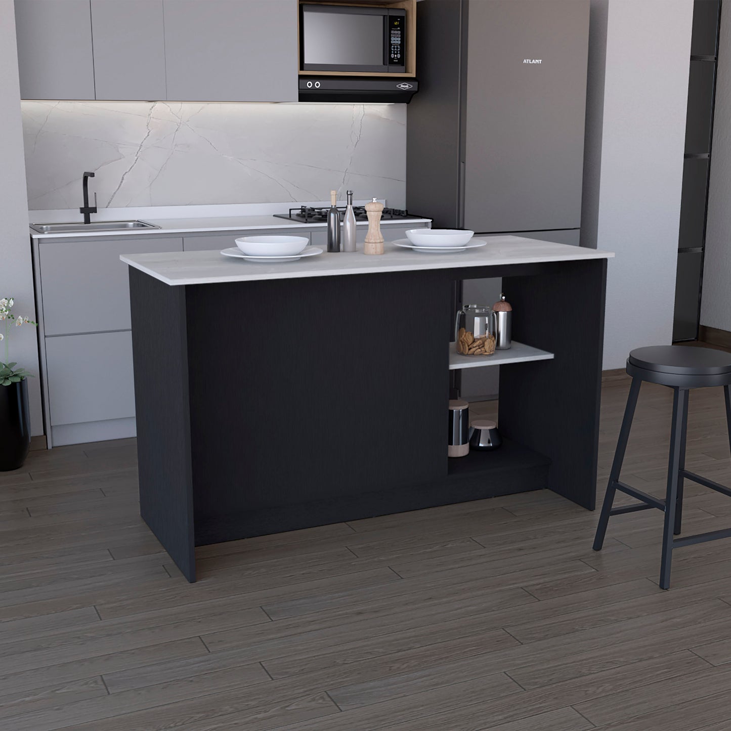 Black Engineered Wood Kitchen Island with Double Cabinet Storage