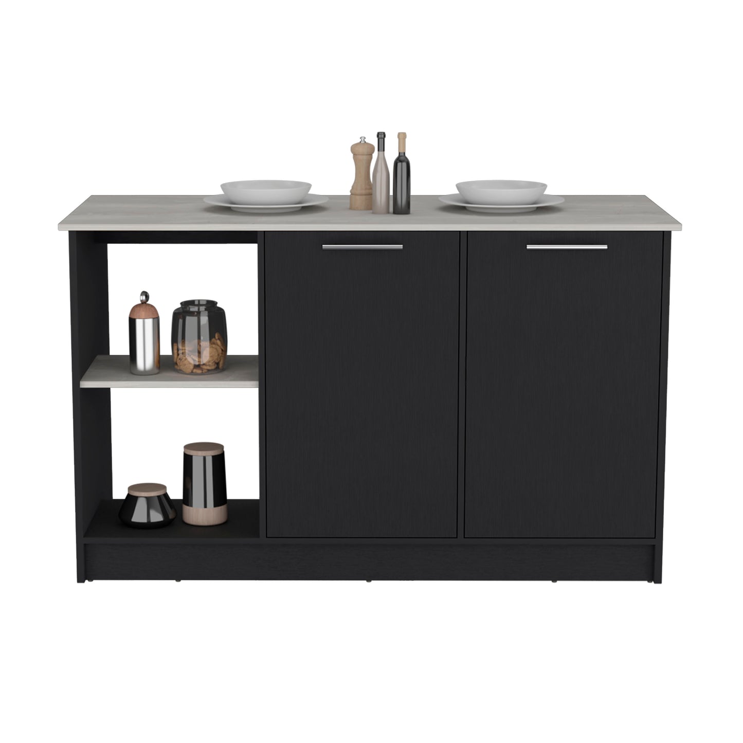Black Engineered Wood Kitchen Island with Double Cabinet Storage