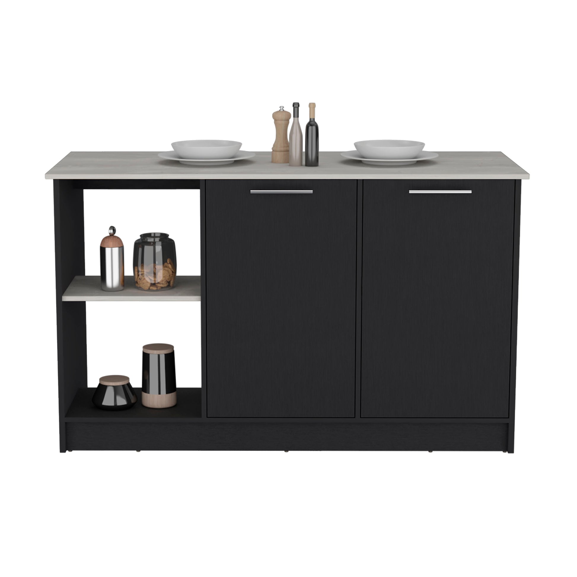 Black Engineered Wood Kitchen Island with Double Cabinet Storage