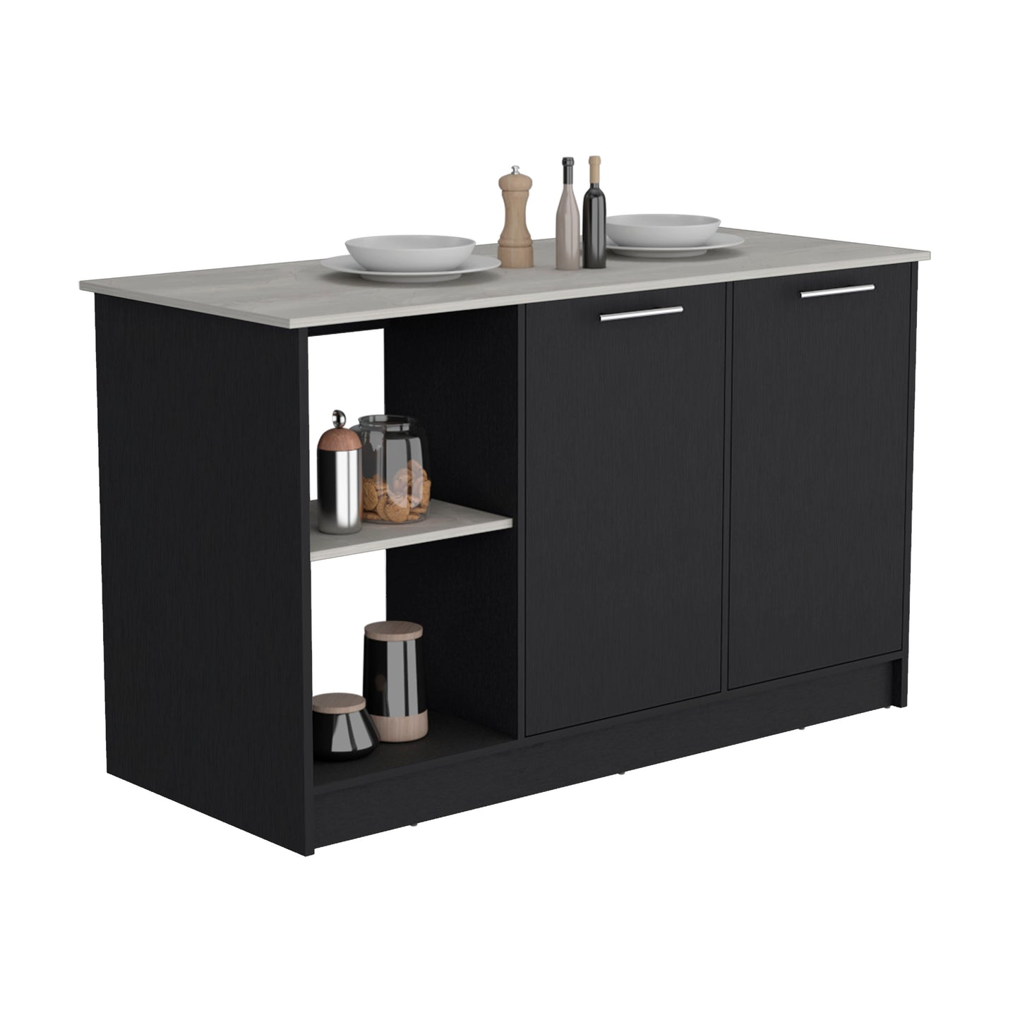 Black Engineered Wood Kitchen Island with Double Cabinet Storage
