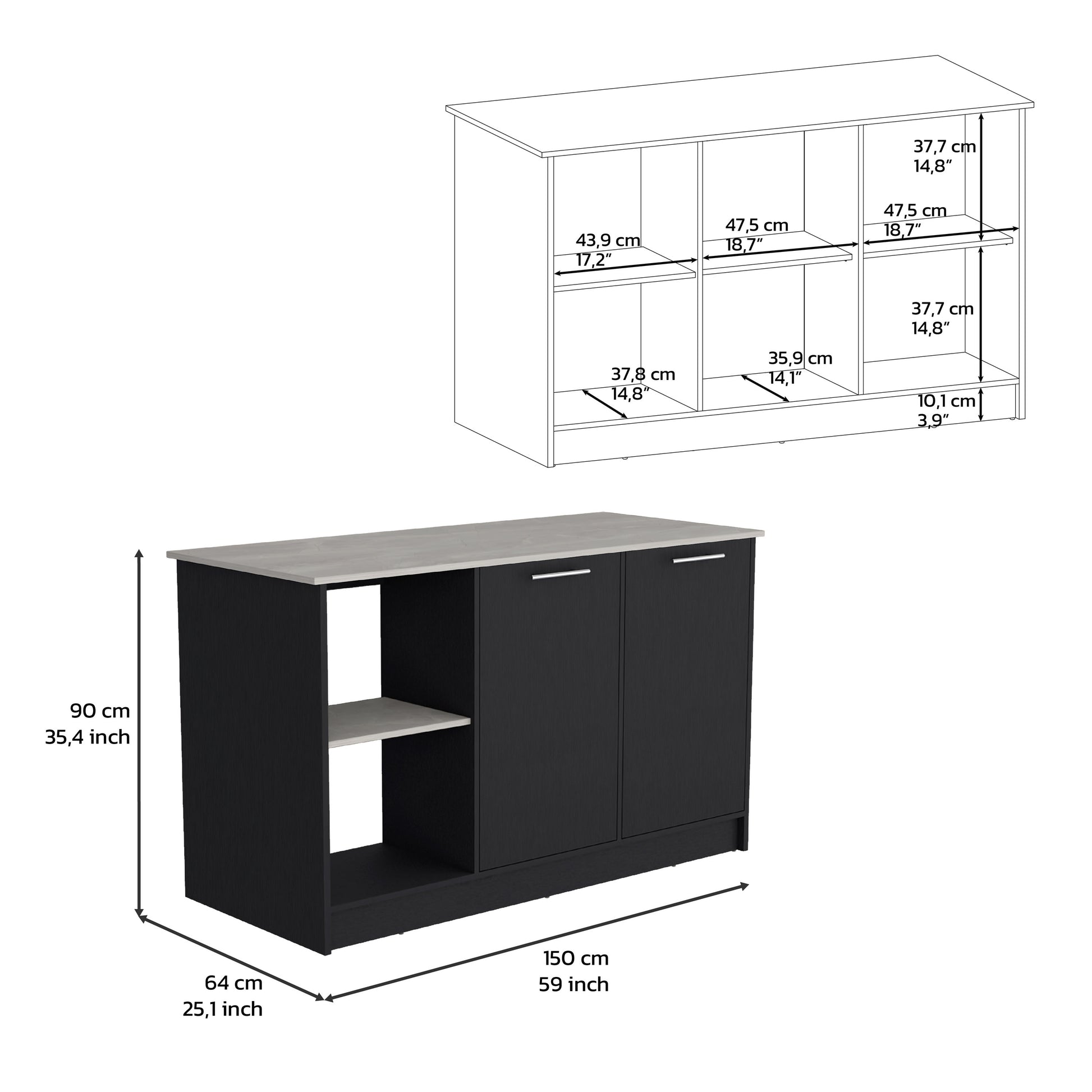 Black Engineered Wood Kitchen Island with Double Cabinet Storage