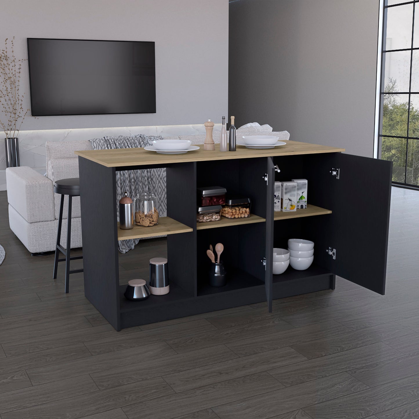 Black Kitchen Island with Double Door Storage and Open Shelves