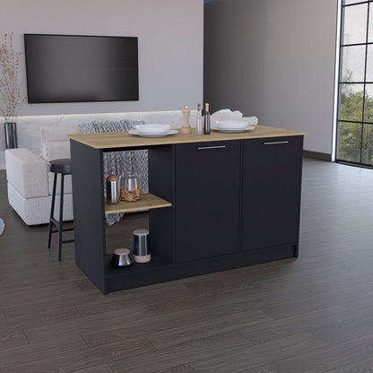 Black Kitchen Island with Double Door Storage and Open Shelves