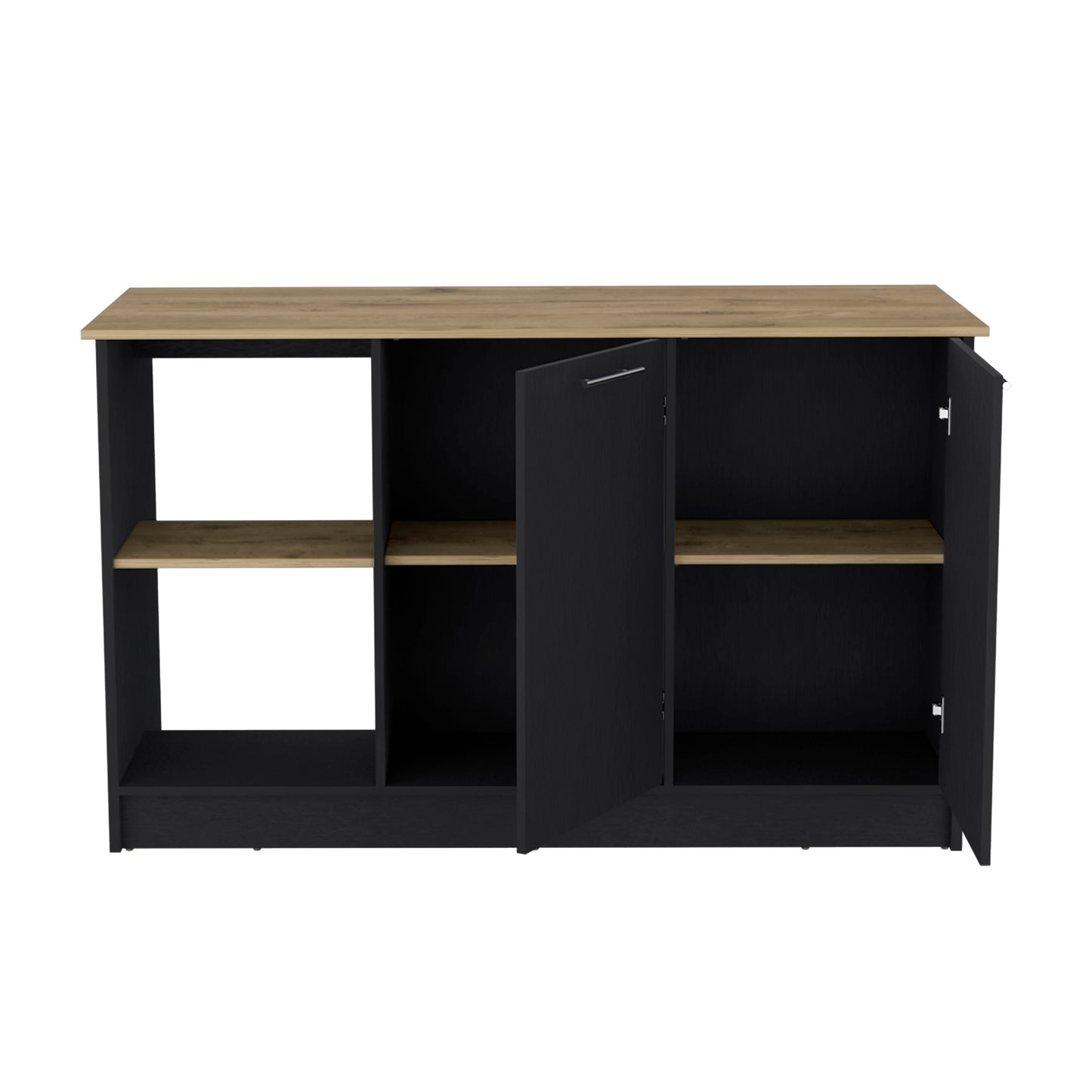 Black Kitchen Island with Double Door Storage and Open Shelves