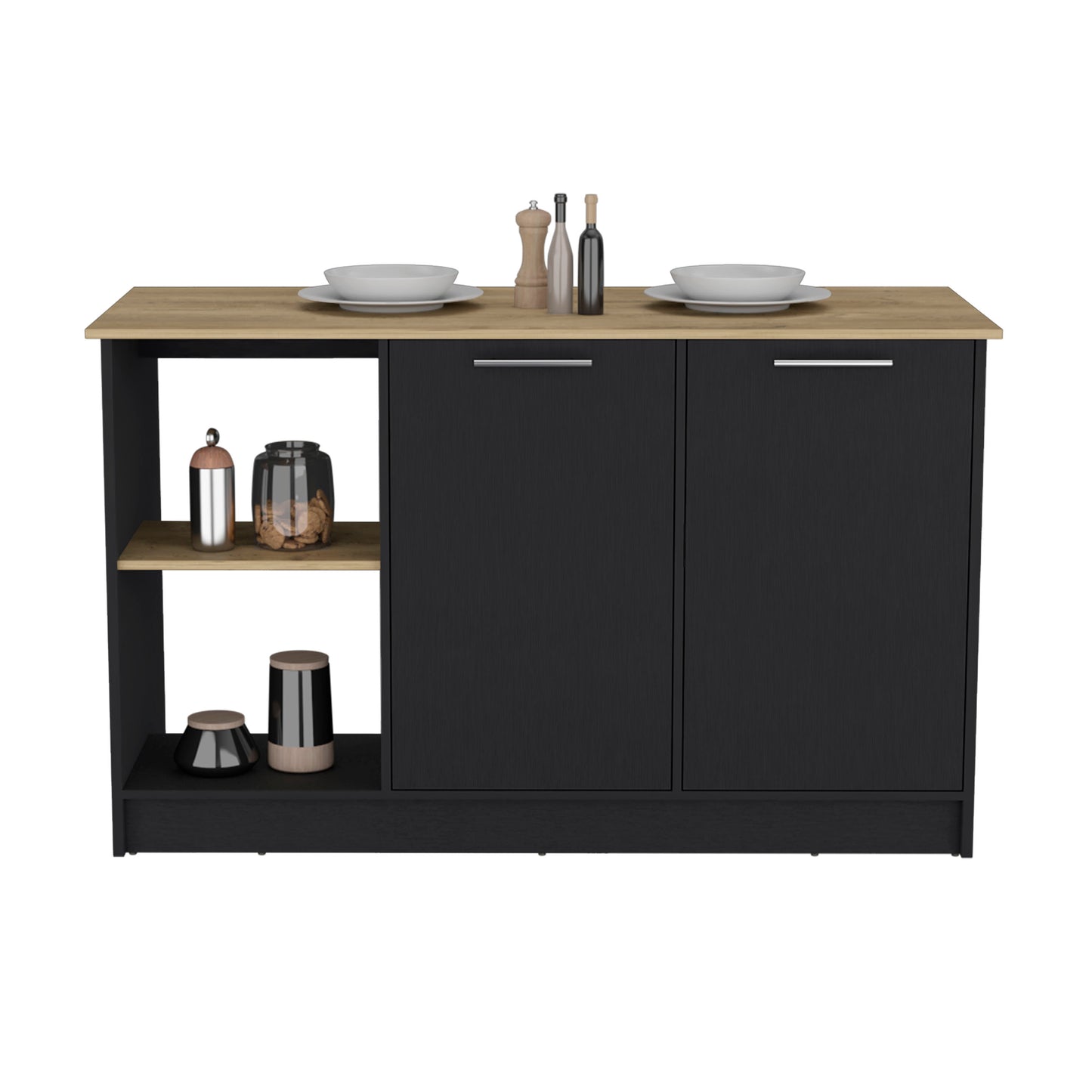 Black Kitchen Island with Double Door Storage and Open Shelves
