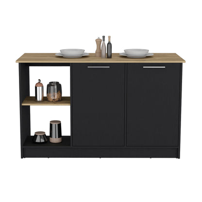 Black Kitchen Island with Double Door Storage and Open Shelves