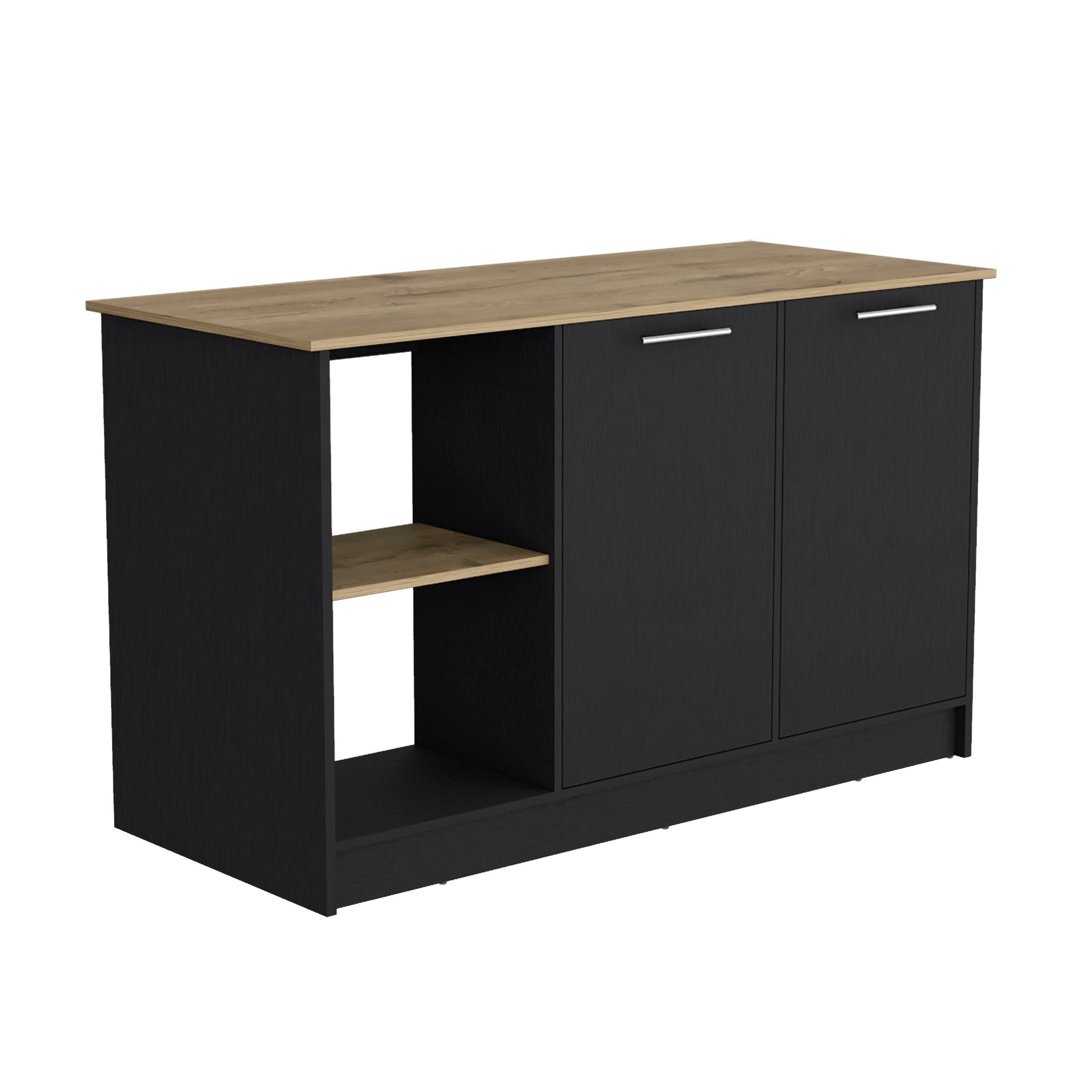 Black Kitchen Island with Double Door Storage and Open Shelves