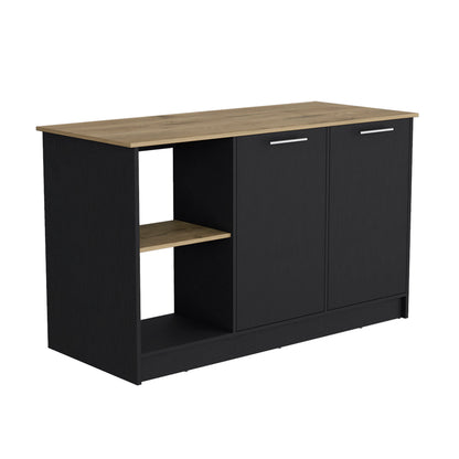 Black Kitchen Island with Double Door Storage and Open Shelves
