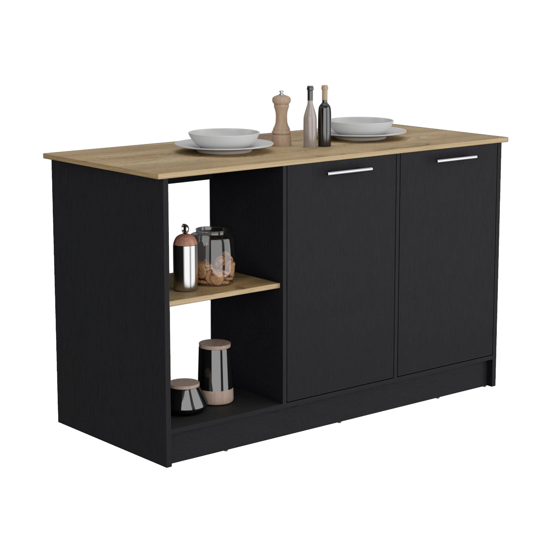 Black Kitchen Island with Double Door Storage and Open Shelves