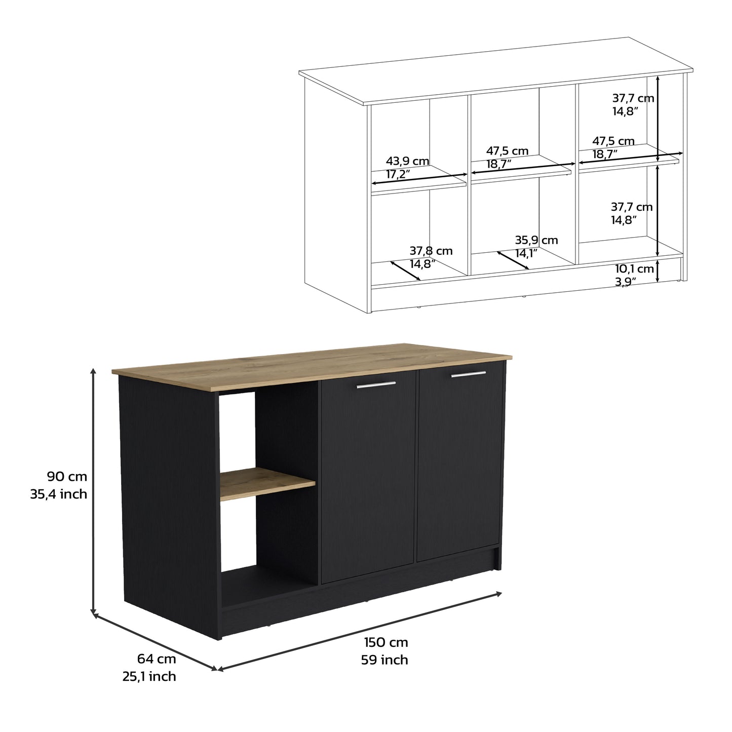 Black Kitchen Island with Double Door Storage and Open Shelves