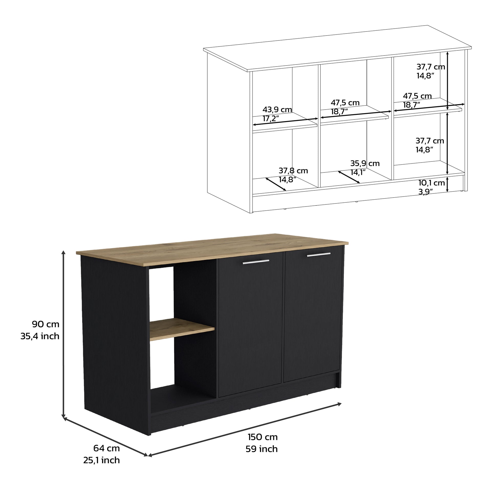 Black Kitchen Island with Double Door Storage and Open Shelves