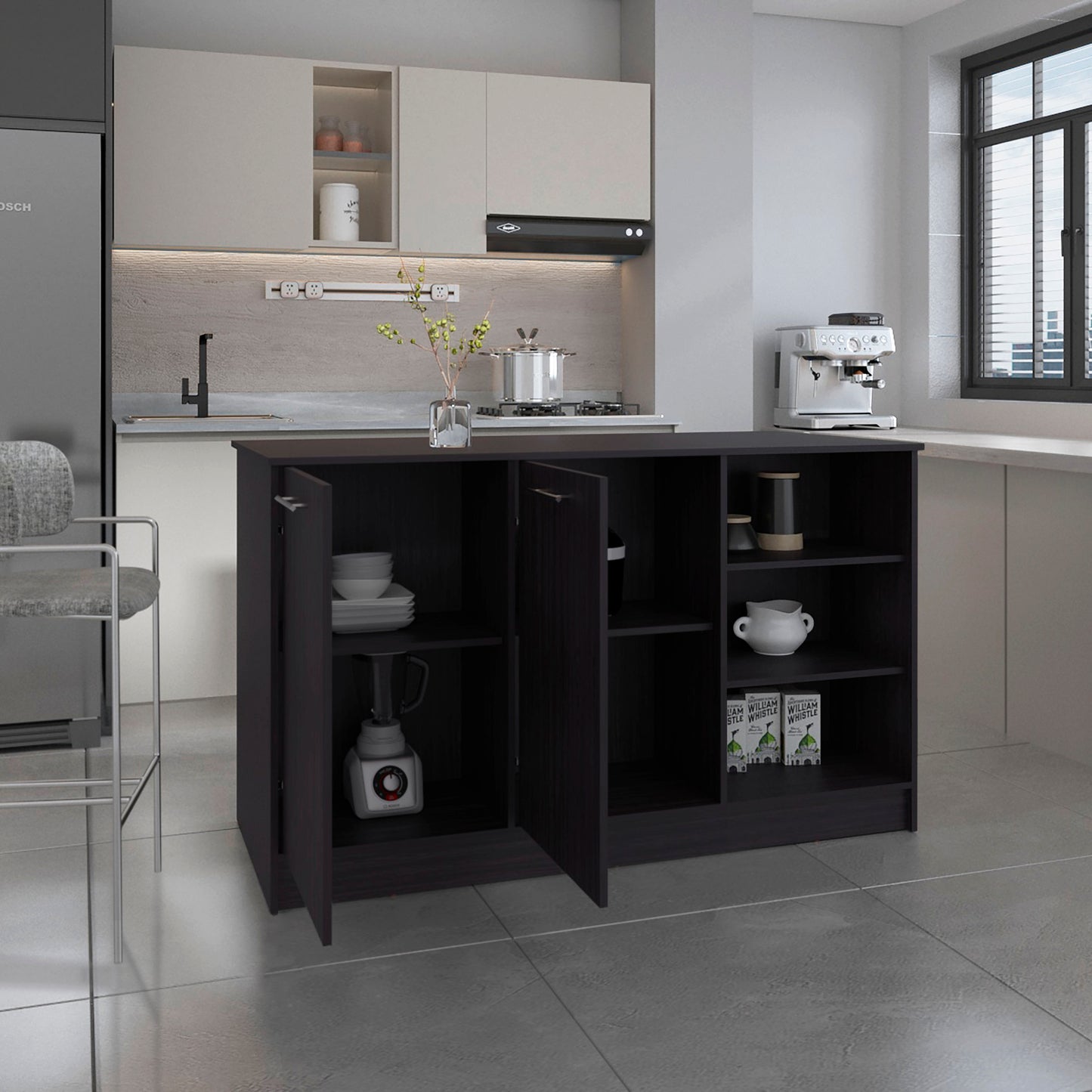 Kitchen Island Two Cabinets, Black Engineered Wood - 59" W