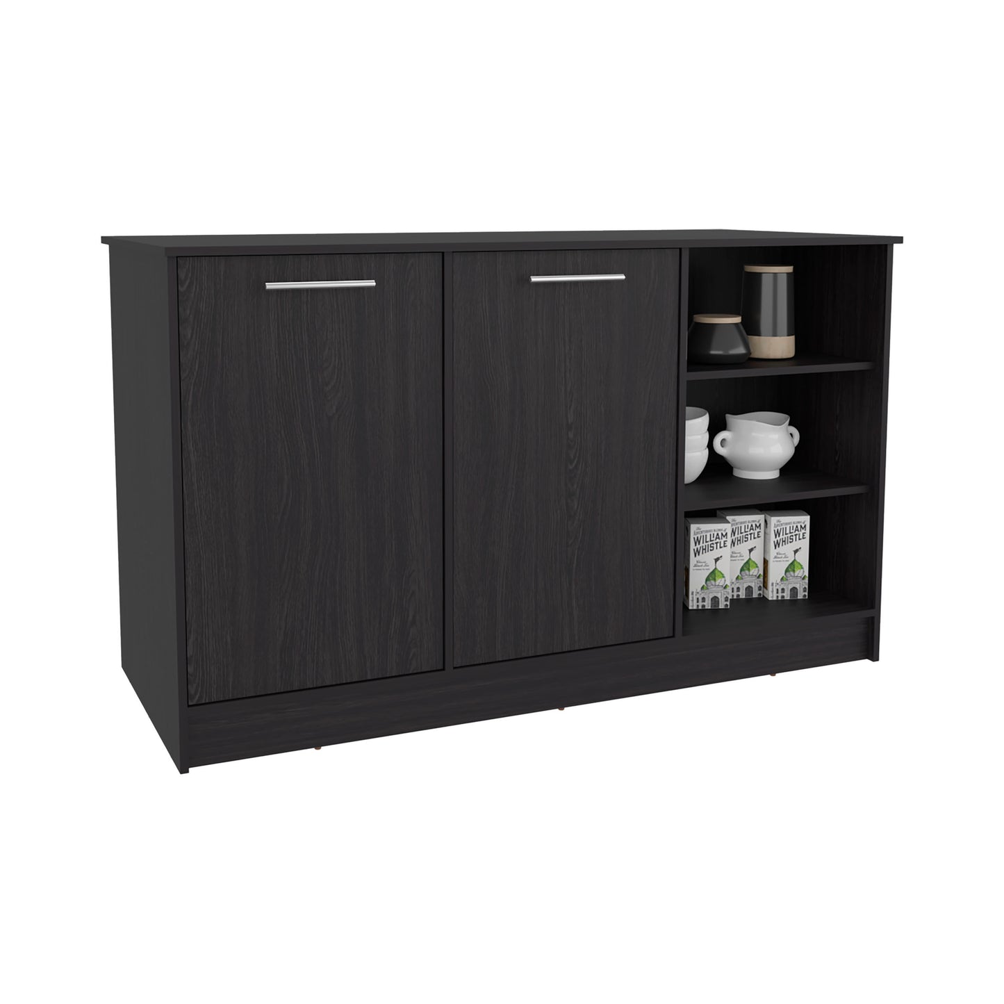 Kitchen Island Two Cabinets, Black Engineered Wood - 59" W