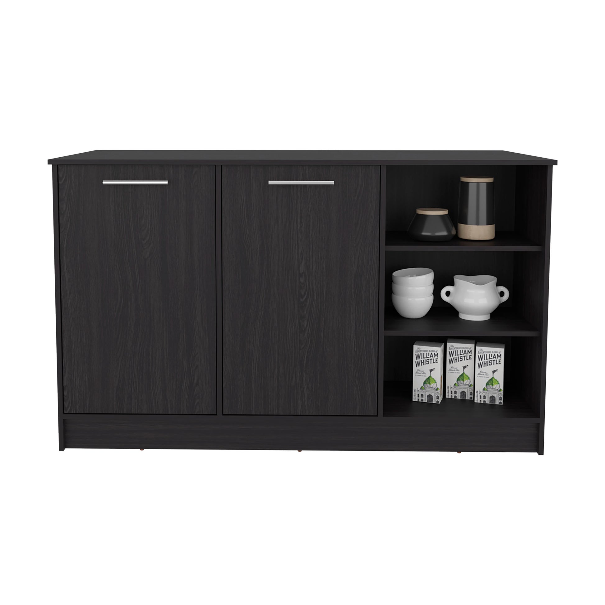 Kitchen Island Two Cabinets, Black Engineered Wood - 59" W