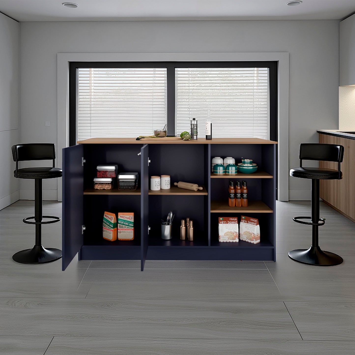 Blue Multi Kitchen Island 35.7" - 2 Doors, 7 Shelves