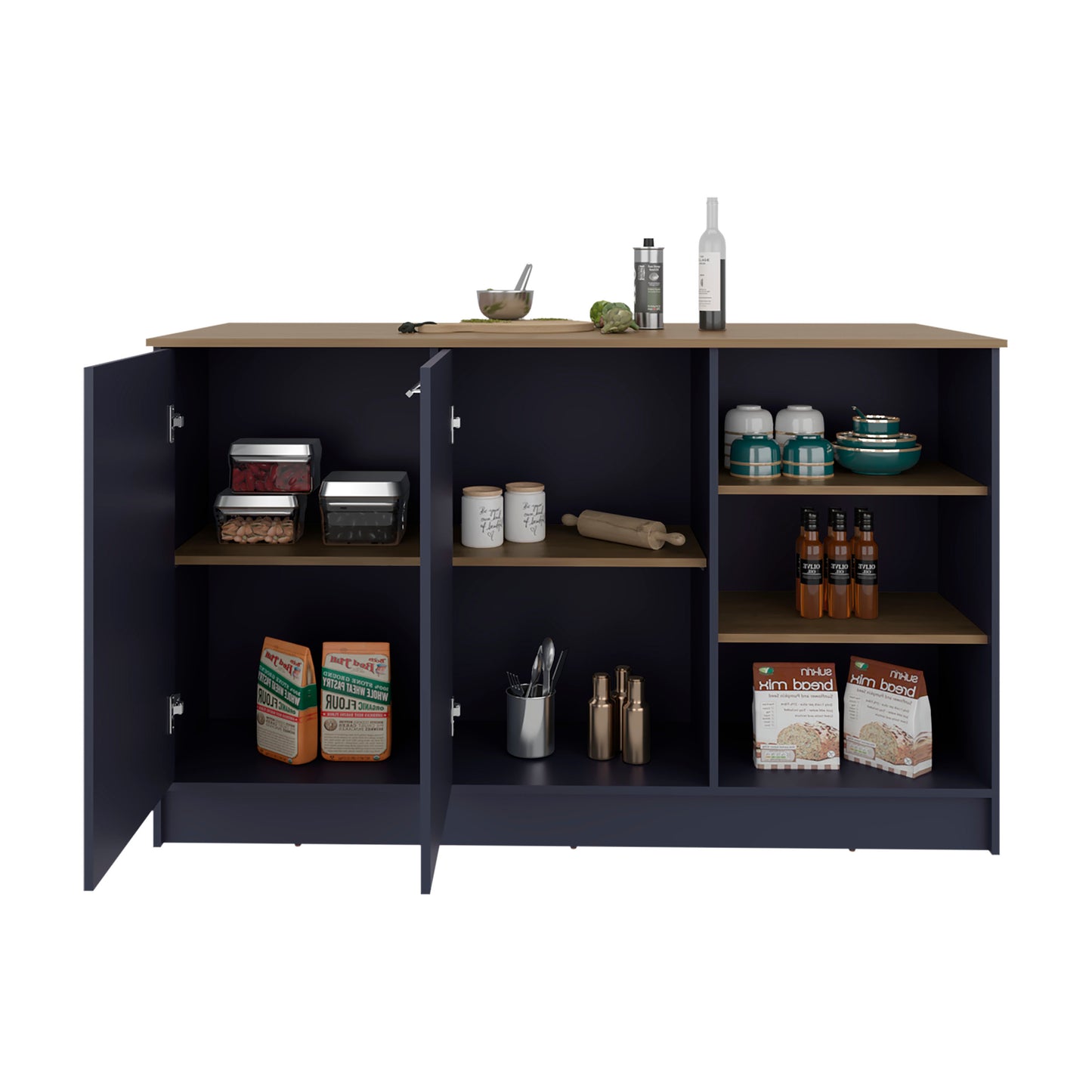 Blue Multi Kitchen Island 35.7" - 2 Doors, 7 Shelves