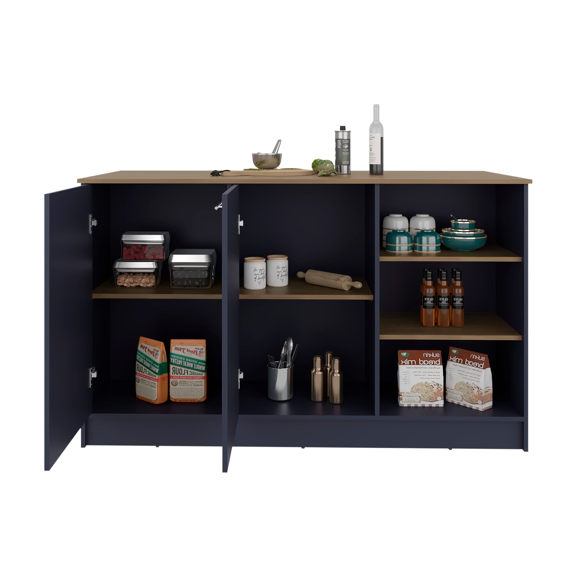Blue Multi Kitchen Island 35.7" - 2 Doors, 7 Shelves