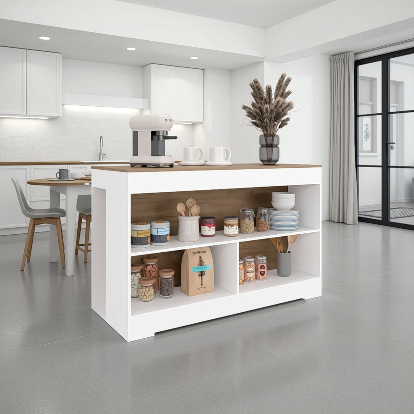 Makoti Kitchen Island 34", 3 Spacious Open Shelves, White / Natural Oak