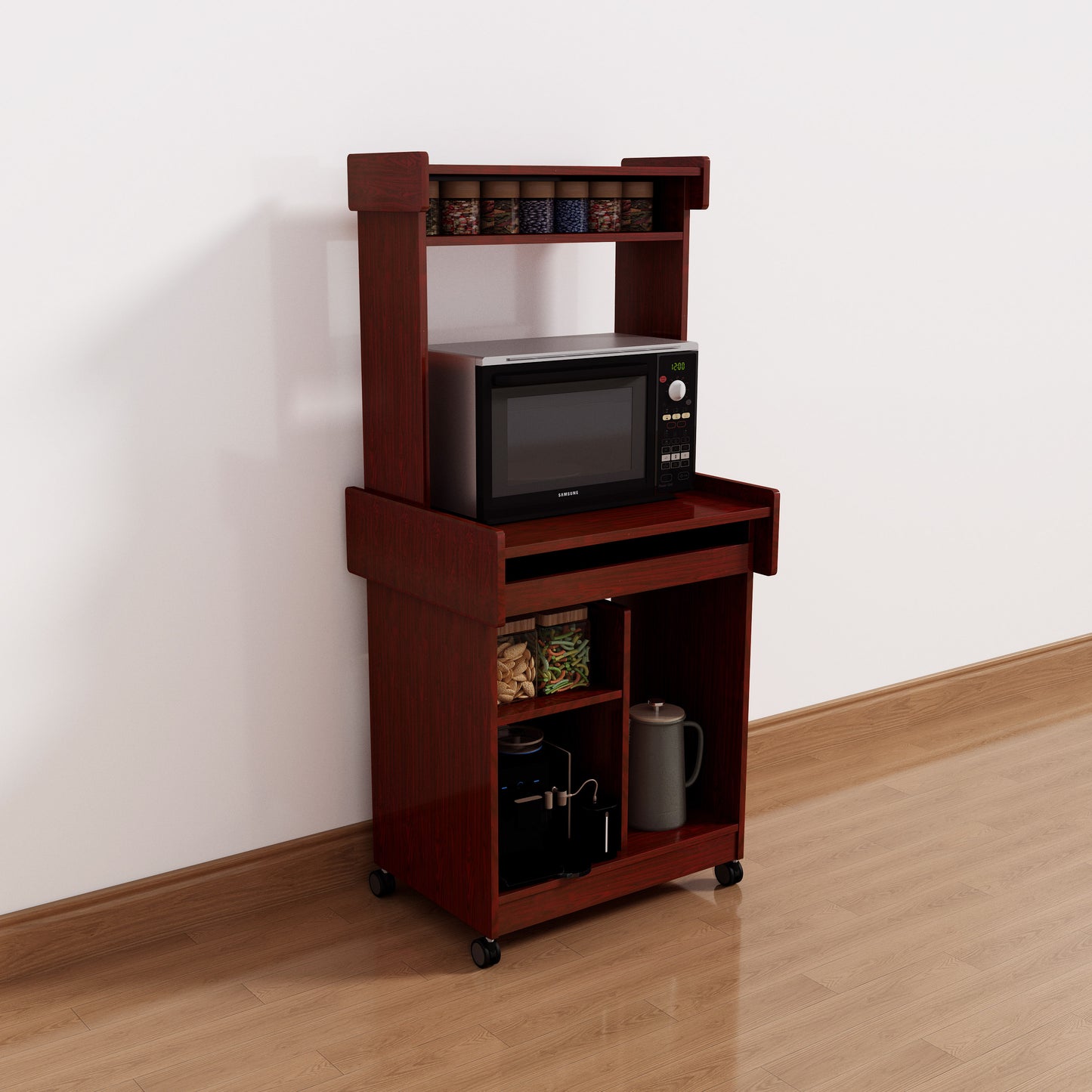 Mahogany Kitchen Island Cart with Hutch Storage