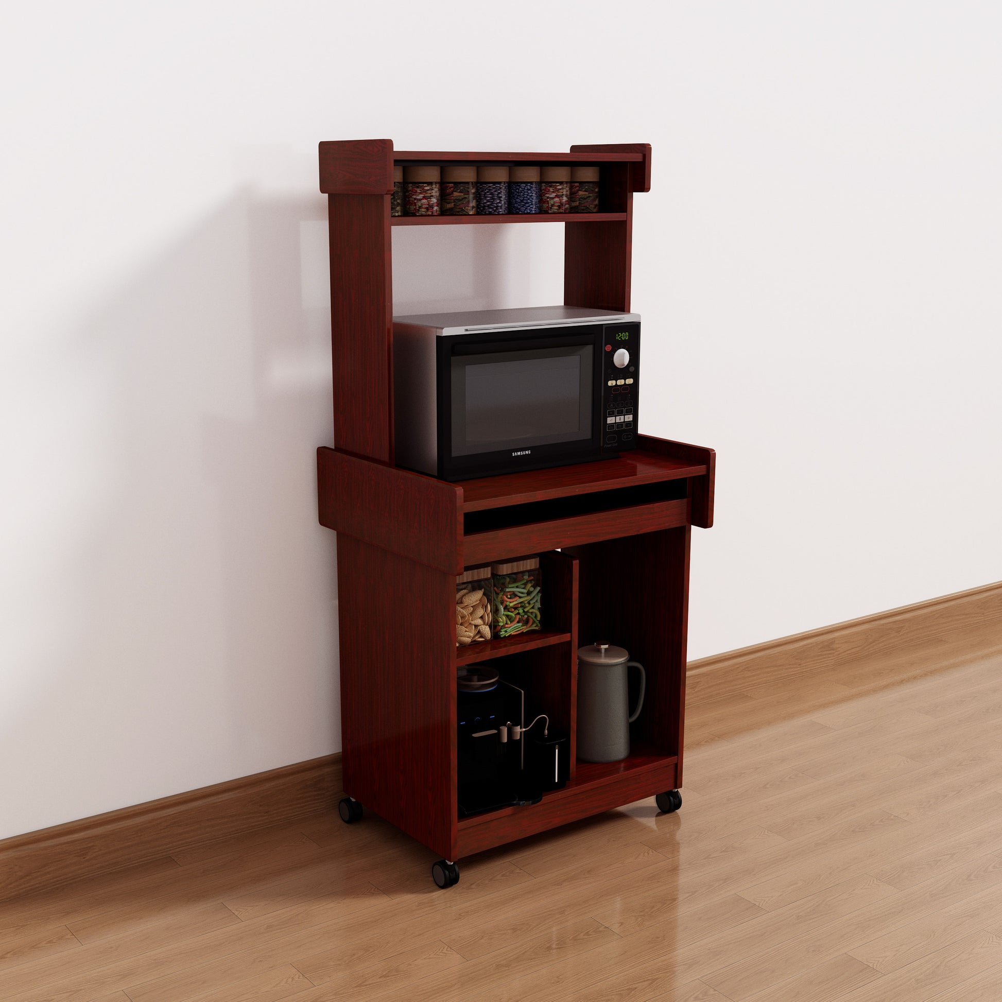 Mahogany Kitchen Island Cart with Hutch Storage