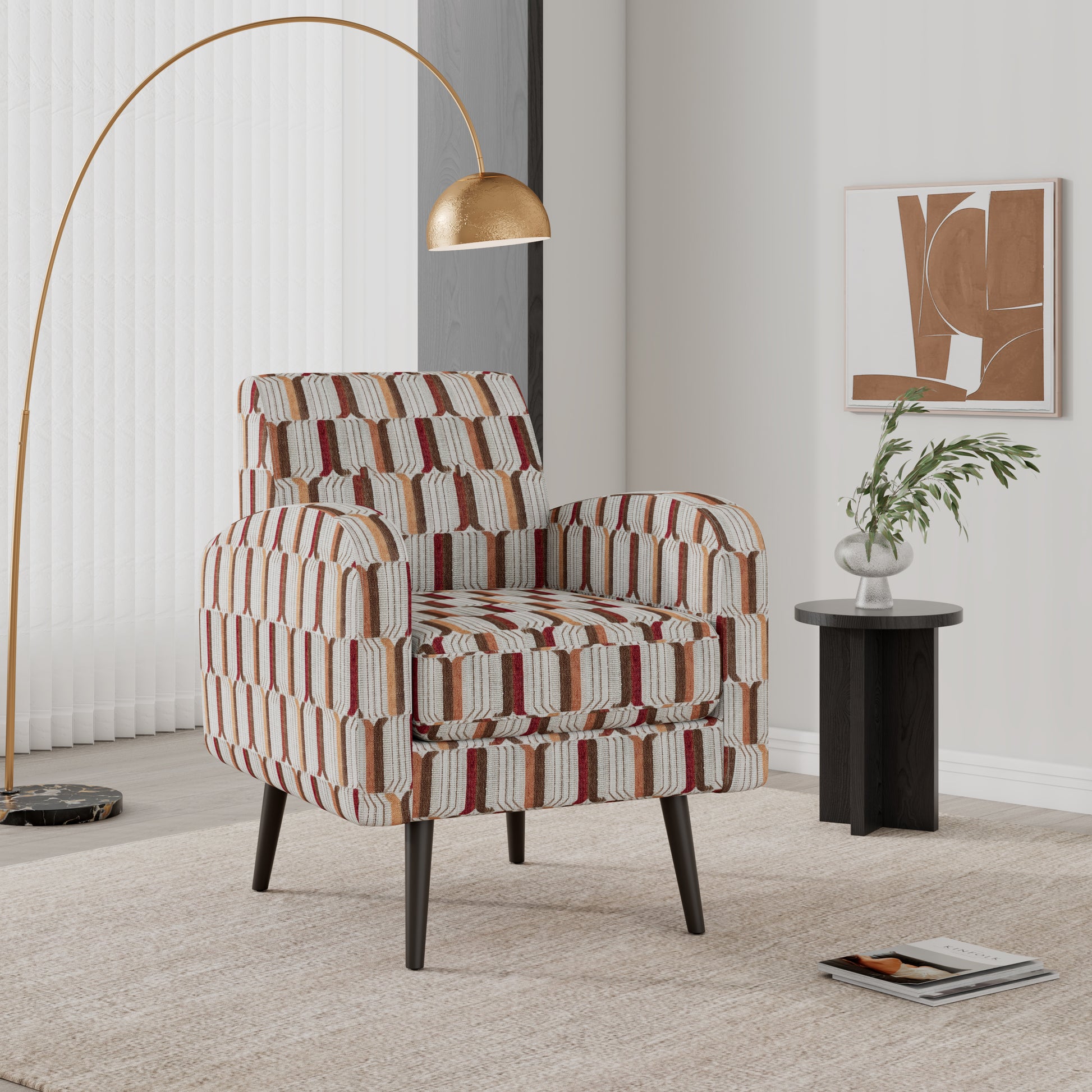 Darien Accent Arm Chair in Tan, Cream and Red Stripe Pattern with Dark Brown Solid Wood Legs