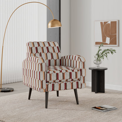 Darien Accent Arm Chair in Tan, Cream and Red Stripe Pattern with Dark Brown Solid Wood Legs