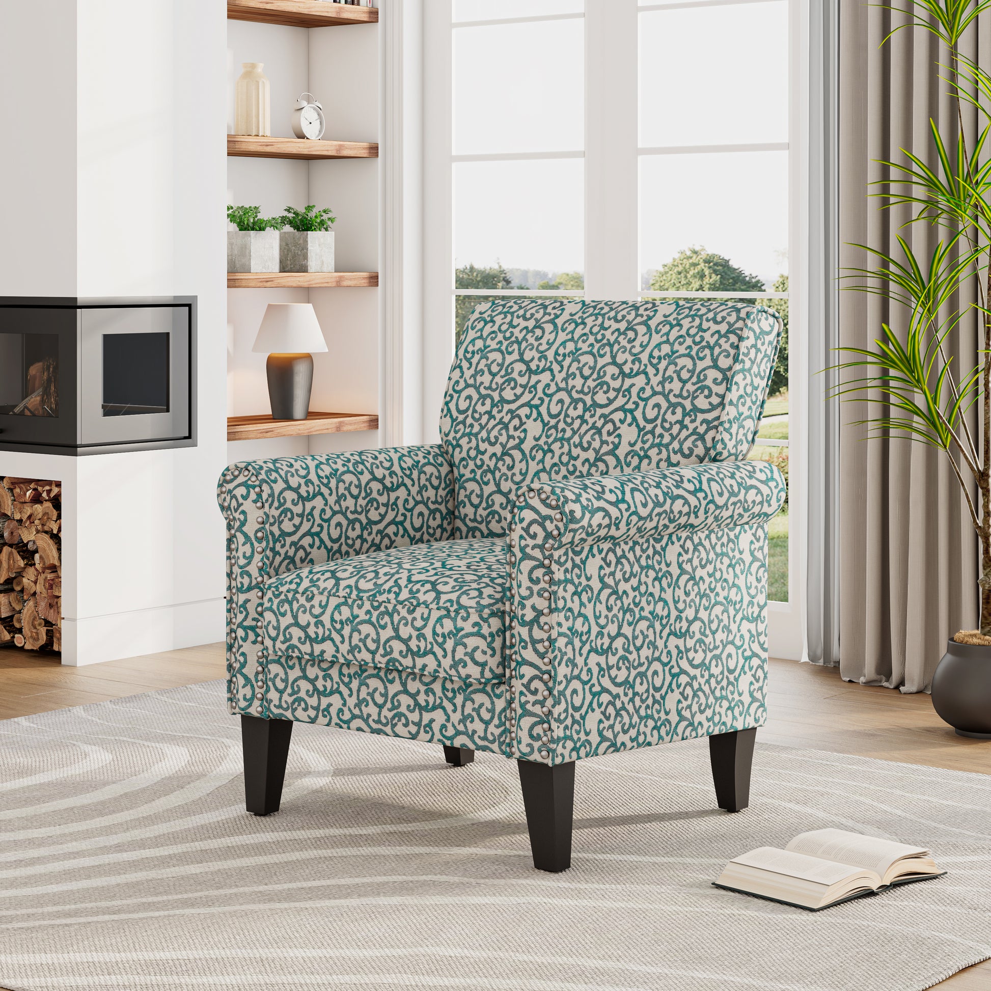 Barnet Accent Chair in Blue Curly Vine Pattern with Dark Brown Solid Wood Legs