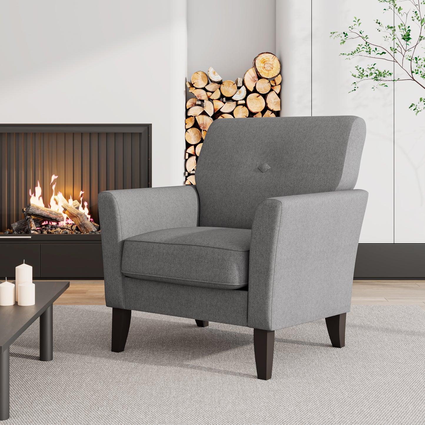 Dorset Arm Accent Chair in Smoky Gray Velour with Dark Brown Solid Wood Legs