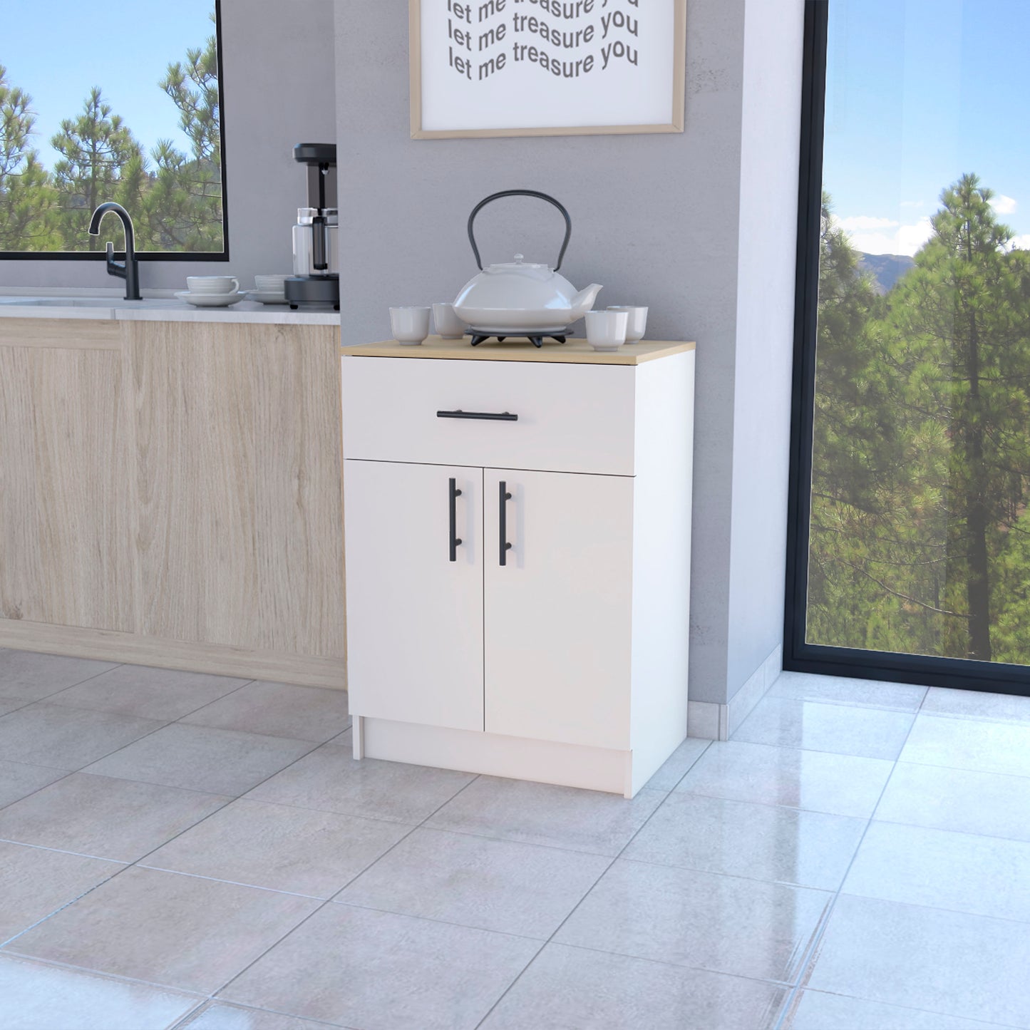 FM FURNITURE Cope kitchen Pantry in melamine with 2 doors and 1 drawer, ivory/ natural Oak
