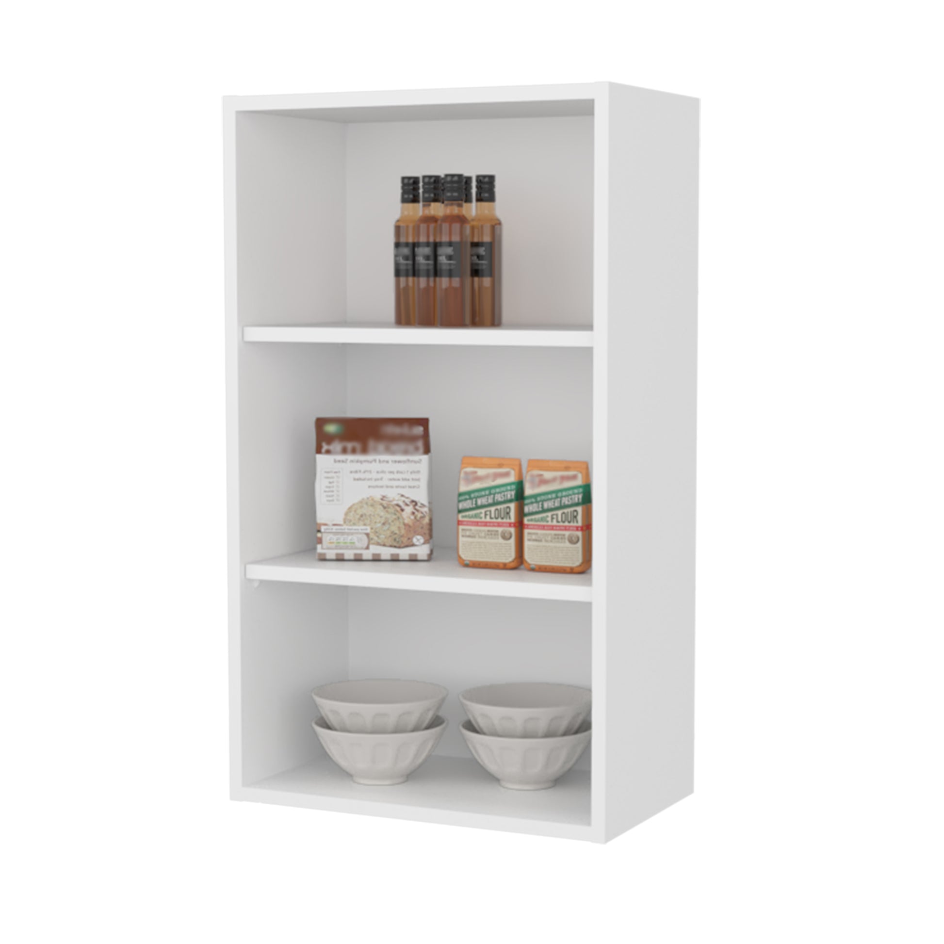 Modern White Wall Cabinet for Kitchen Storage with Open Shelves
