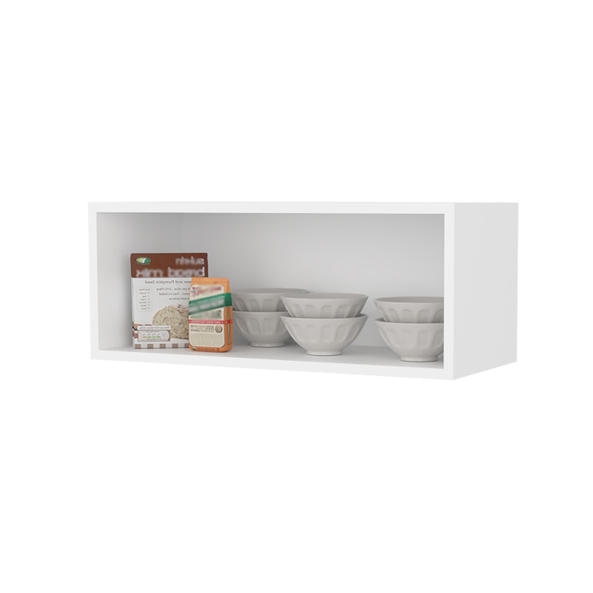 Modern White Melamine Kitchen Shelves with Open Storage