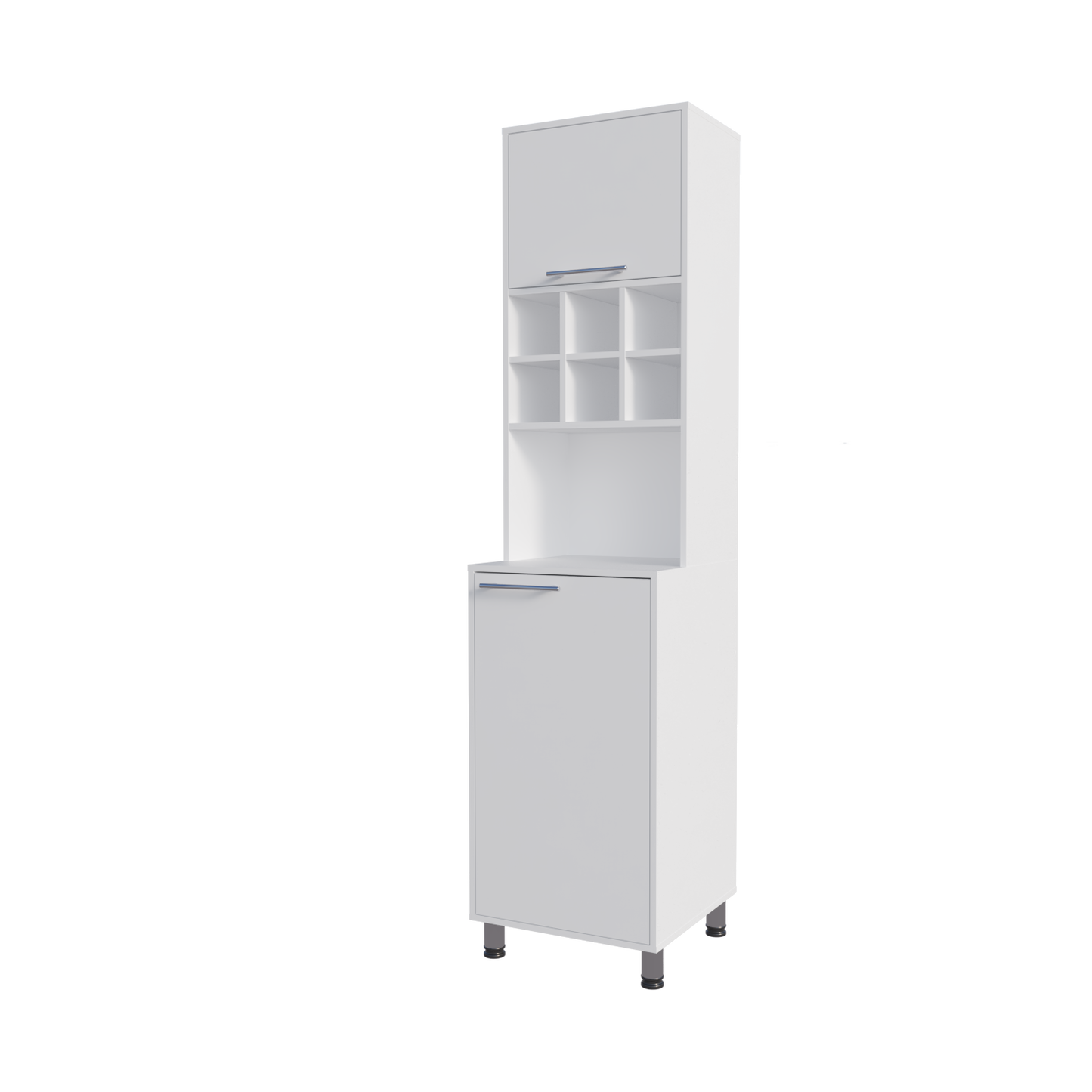 White Kitchen Pantry with Open Shelves & Pneumatic Door