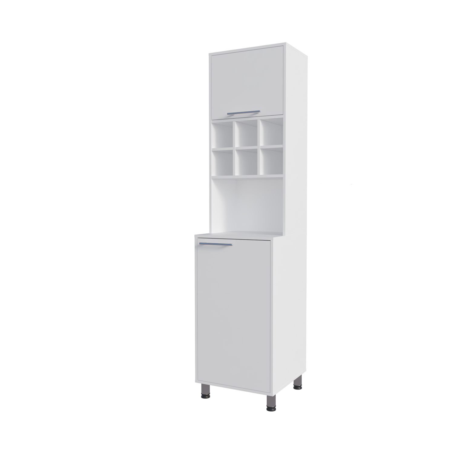 White Kitchen Pantry with Open Shelves & Pneumatic Door
