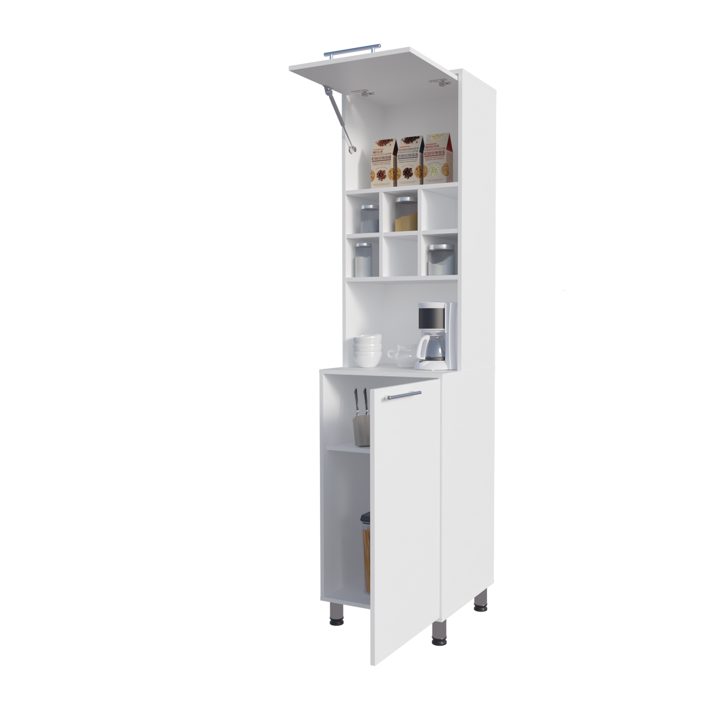White Kitchen Pantry with Open Shelves & Pneumatic Door