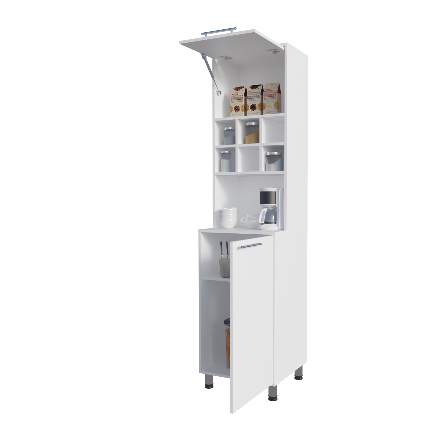 White Kitchen Pantry with Open Shelves & Pneumatic Door