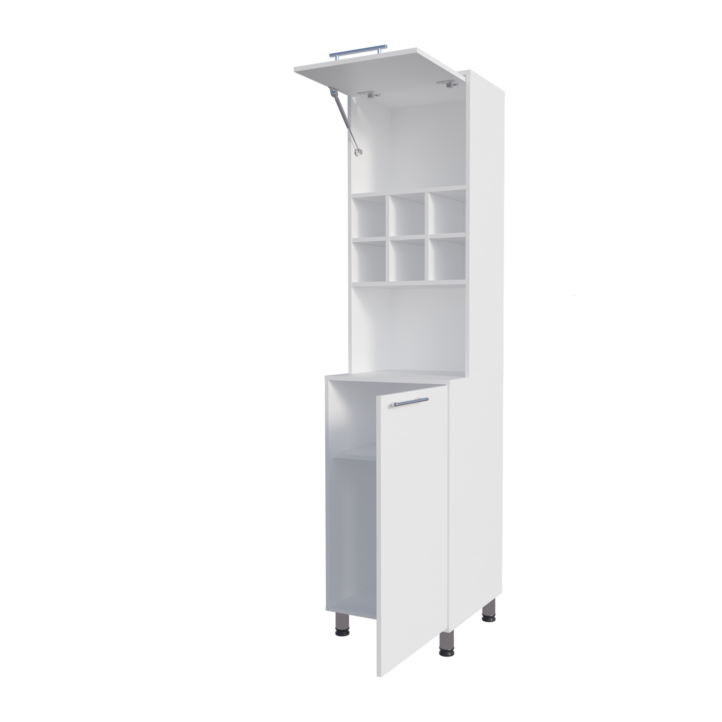 White Kitchen Pantry with Open Shelves & Pneumatic Door