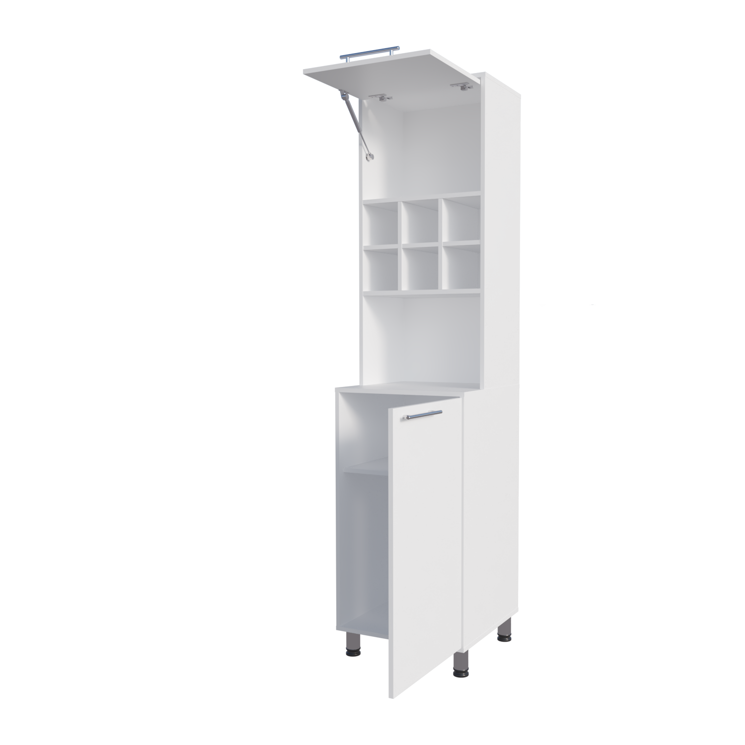 White Kitchen Pantry with Open Shelves & Pneumatic Door