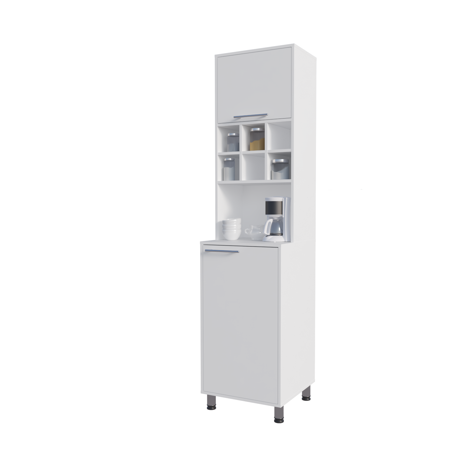 White Kitchen Pantry with Open Shelves & Pneumatic Door