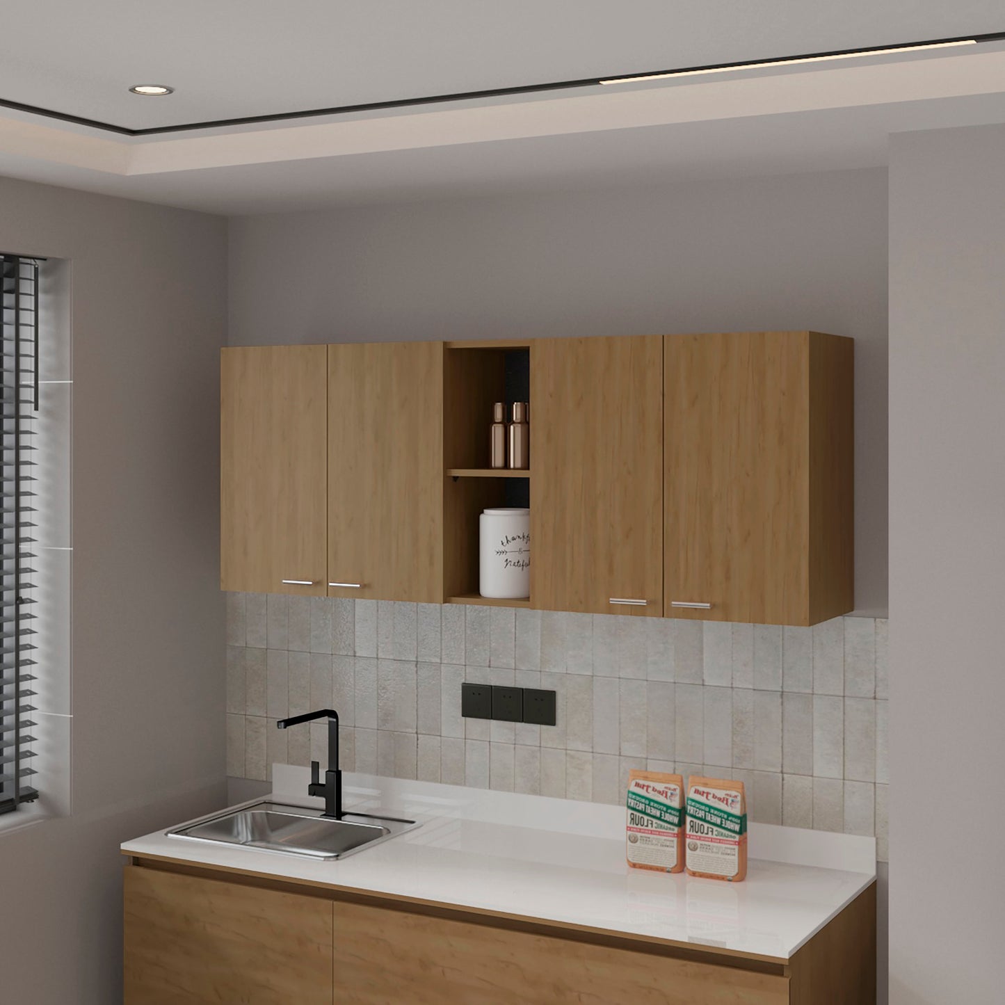 Luray Wall Cabinet kitchen in Melamine wit 4 Doors  and Open Storage, Natural Oak