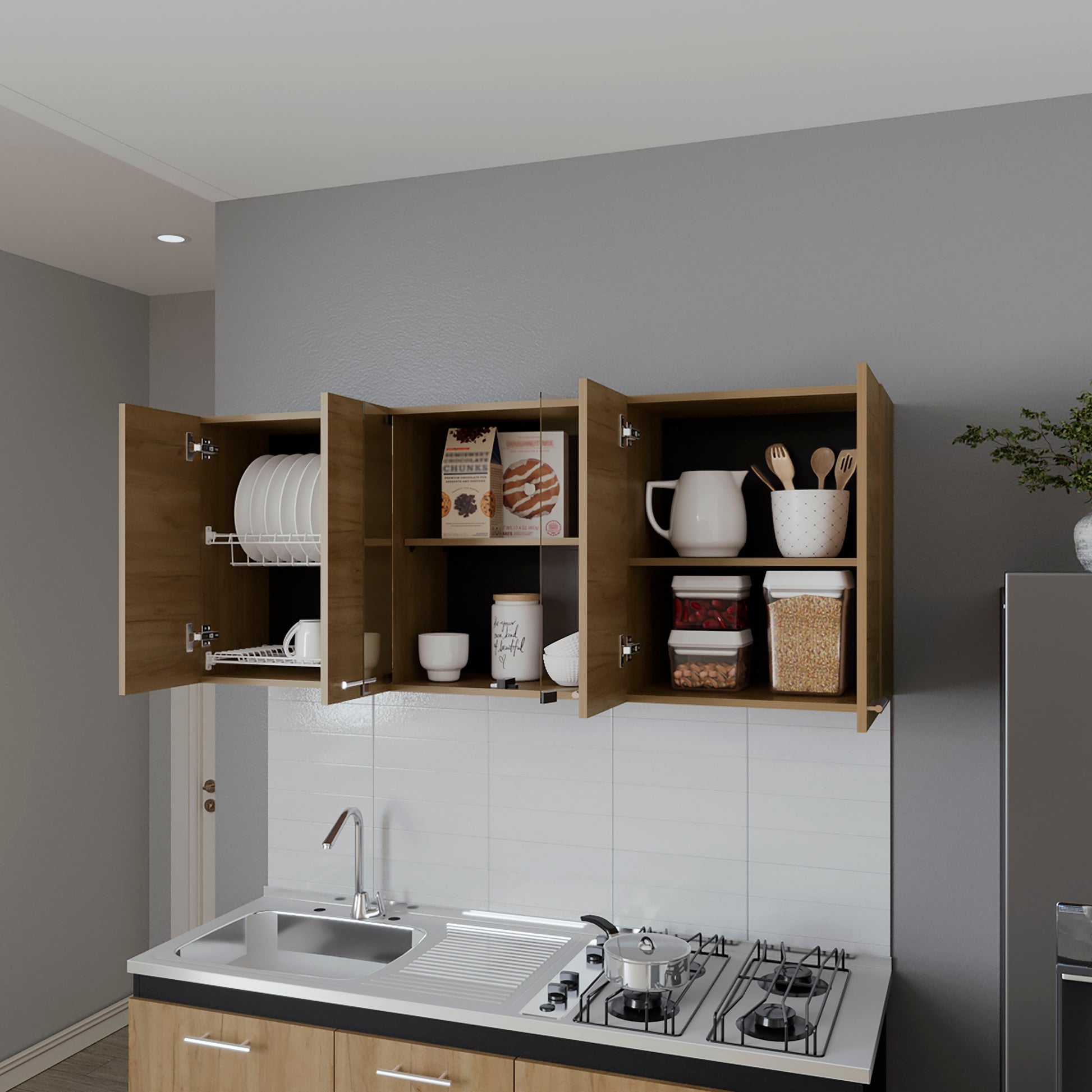 Light Oak Kitchen Wall Cabinet with Glass Doors - 23.6"W for Dining Room