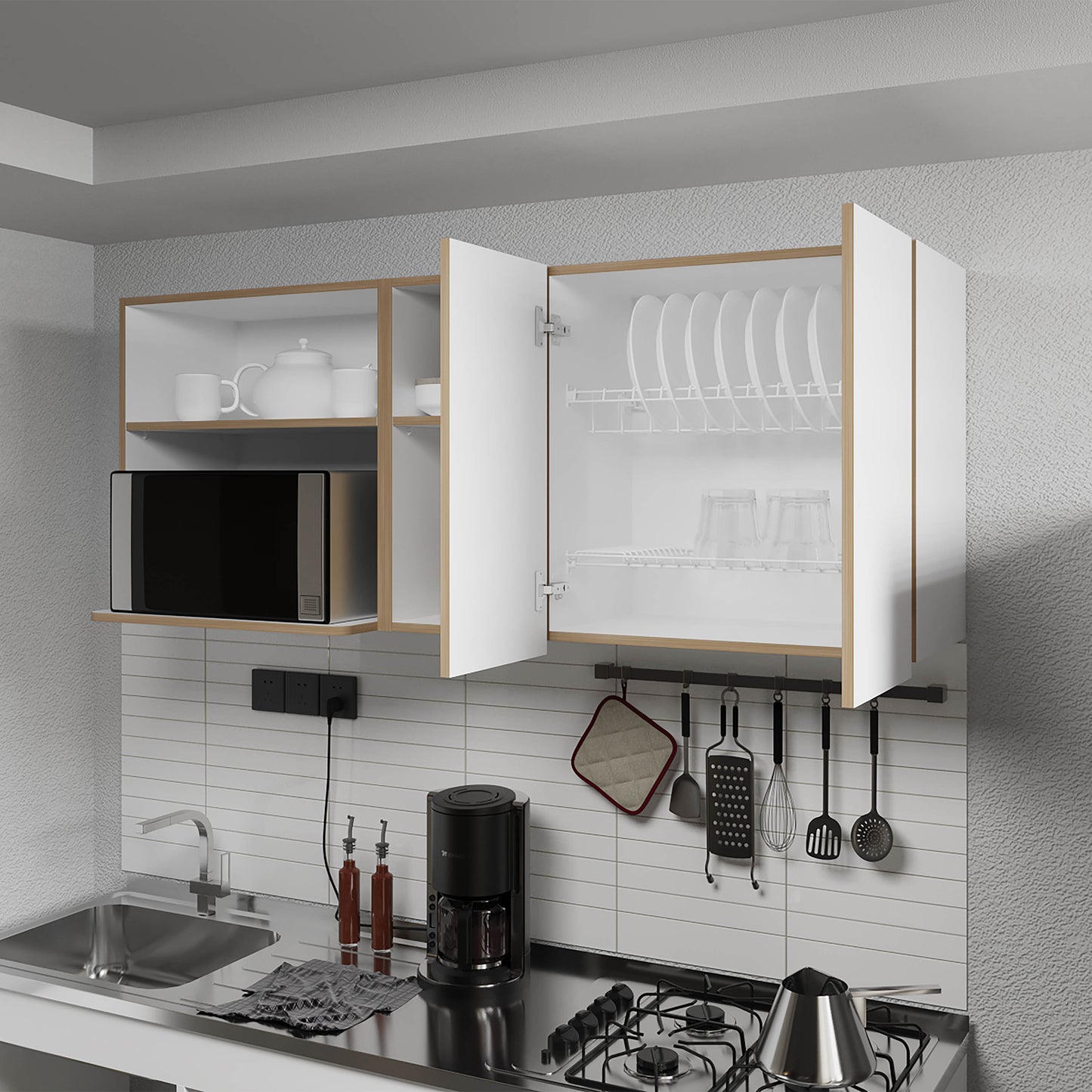 White + Light Oak Kitchen Server with Microwave Space
