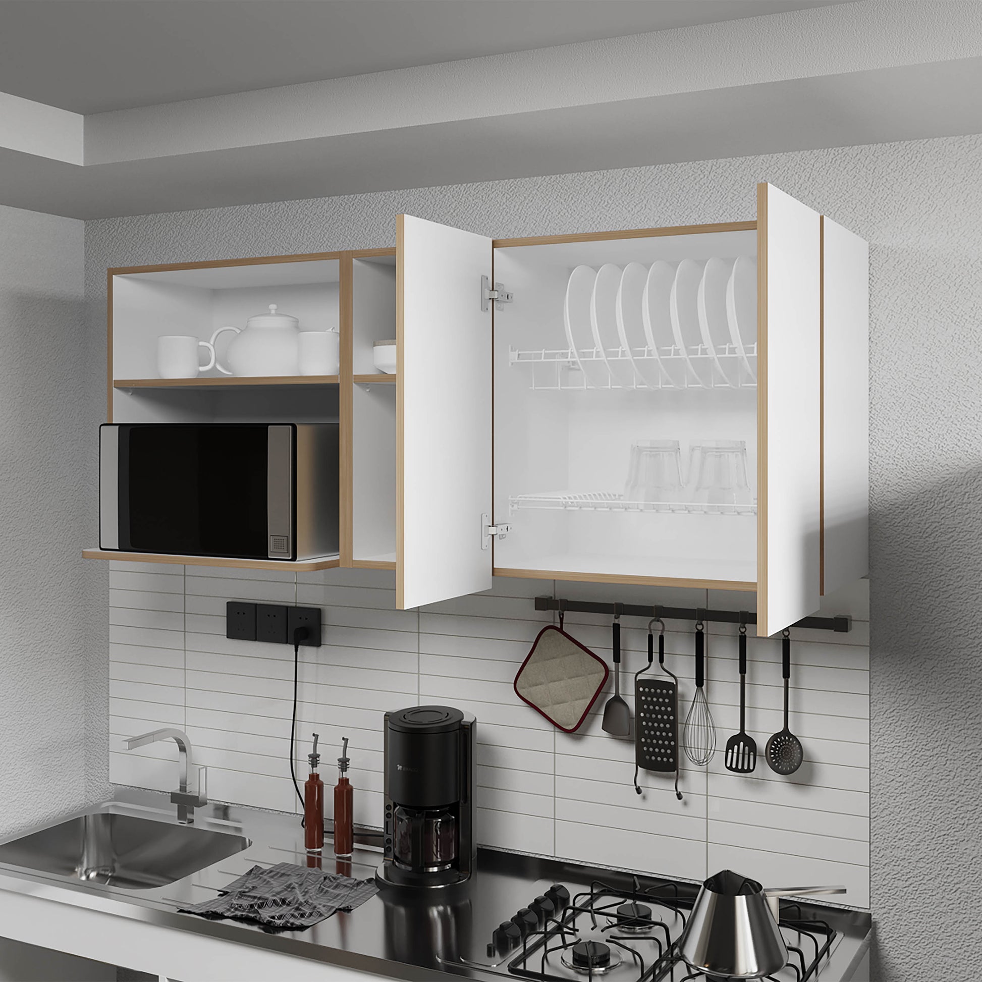White + Light Oak Kitchen Server with Microwave Space