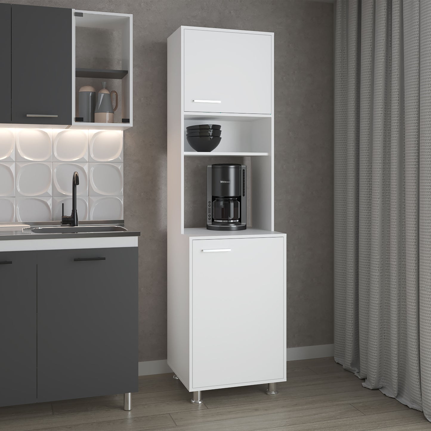 FM FURNITURE Buckeye Kitchen Pantry with Open Storage and 2 Doors,  White