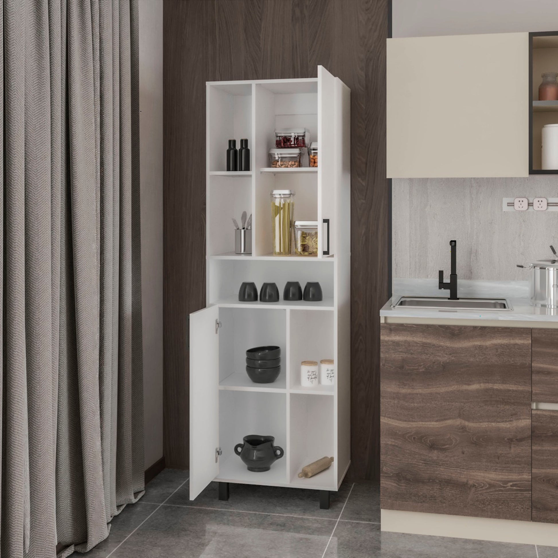 White Kitchen Server with Open Shelves & Cabinet for Dining Room