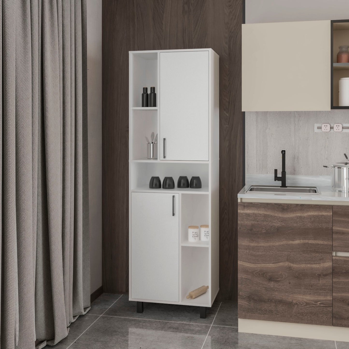 FM FURNITURE Buckshot Kitchen Pantry with Open Storage and 2 Doors,  White