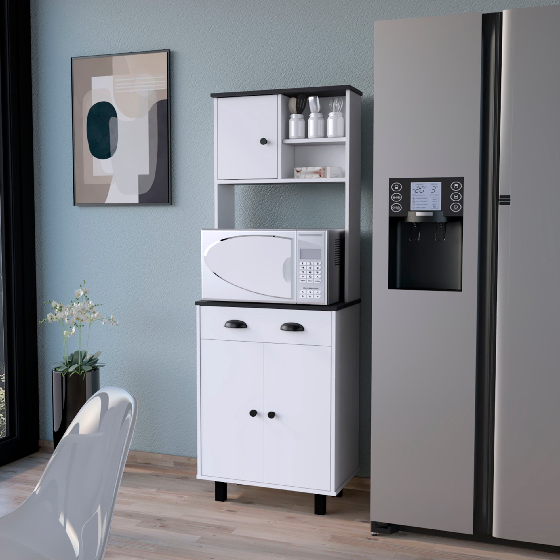 FM FURNITURE Tacna Kitchen Pantry with ample storage, 2 open shelves, 1 drawer, 1 cabinet, 2 shelves, White+wengue