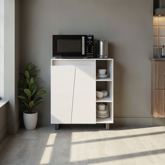 Way Kitchen Storage Cabinet with Microwave Shelf and Side Open Shelves, White