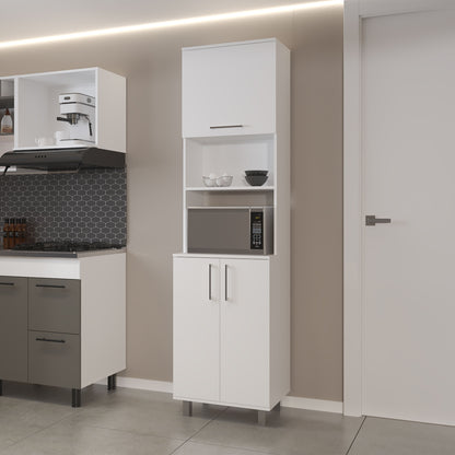 Kayenta Kitchen Pantry with 2 Pneumatic Door, Open Storage, and Bottom Cabinet, White.
